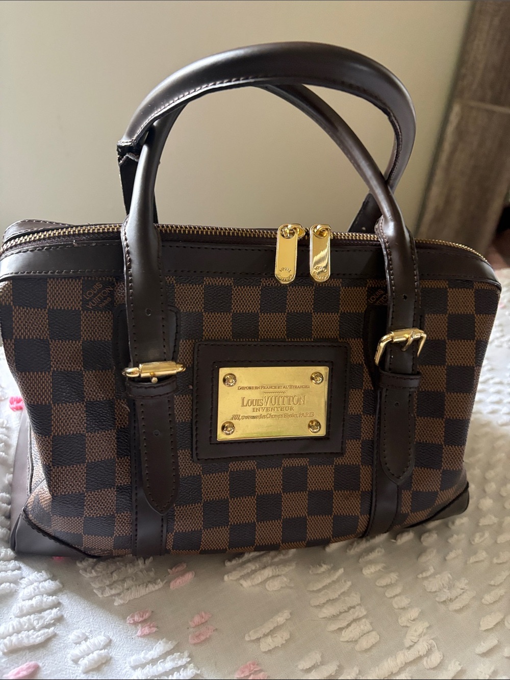 Louis Vuitton Damier Ebene Satchel with Gold Hardware